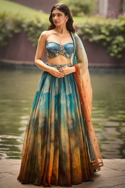Blue and brown organza lehenga set