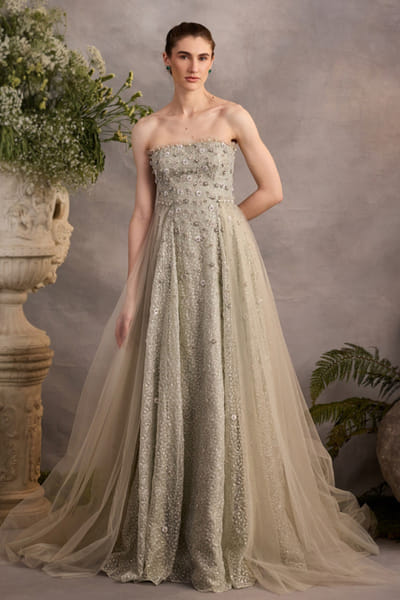 Cedar & Pine Green pearl and crystal embellished gown CEDAJUN26D147568