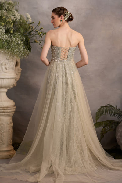 Cedar & Pine Green pearl and crystal embellished gown CEDAJUN26D147568