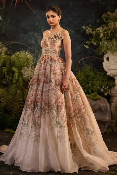 Cedar & Pine Ivory floral printed organza gown CEDAJUN26D147562