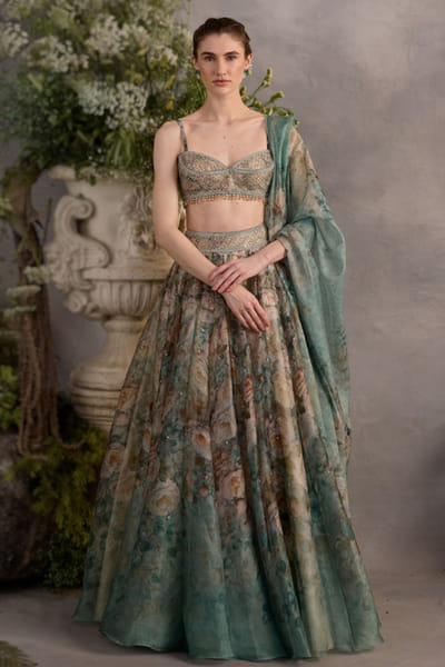 Cedar & Pine Green and ivory floral printed lehenga set CEDAJUN26D147563