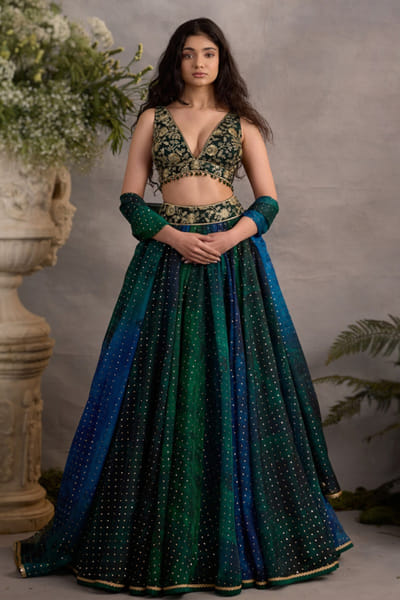 Cedar & Pine Green and blue foil printed lehenga set CEDAJUN26D147569