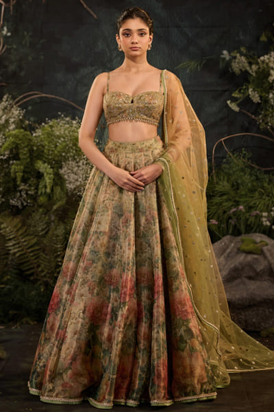 Cedar & Pine Green floral printed lehenga set CEDAJUN26D147571