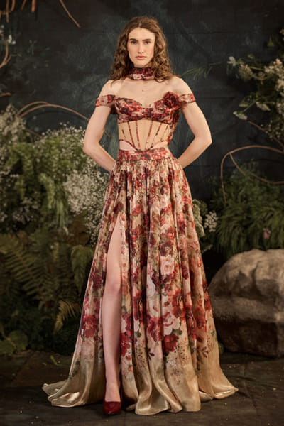 Cedar & Pine Red and beige floral printed skirt set CEDAJUN26D147575