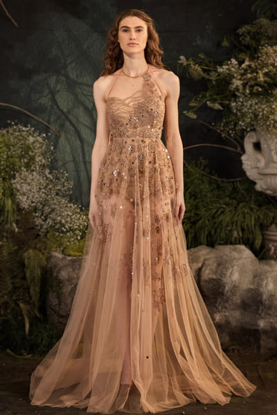 Cedar & Pine Nude and beige floral embroidered gown CEDAJUN26D147560