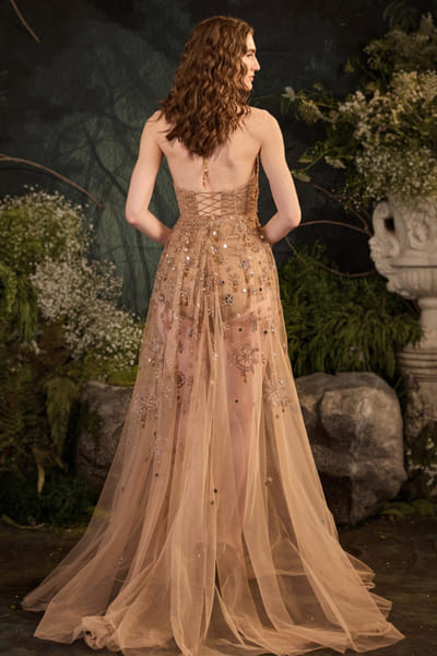 Cedar & Pine Nude and beige floral embroidered gown CEDAJUN26D147560