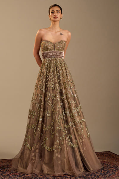 Sand embroidered tulle gown