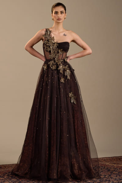 Brown floral embroidered gown