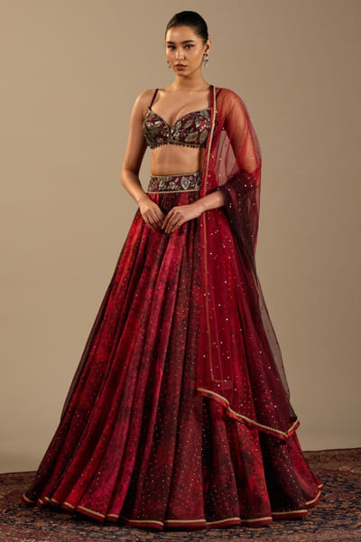 Red foil detailed organza lehenga set
