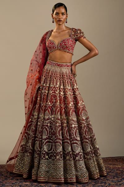 Red organza embroidered lehenga set