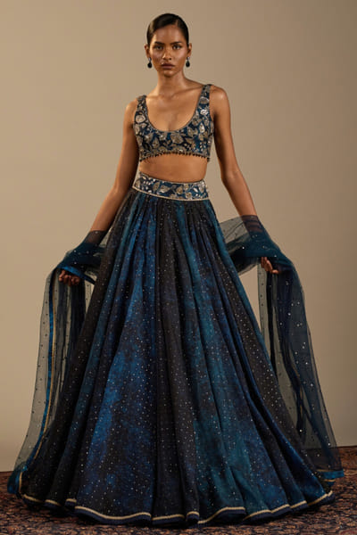 Blue foil detailed organza lehenga set