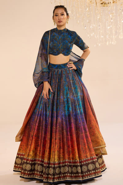 Multicolour printed embroidered lehenga set