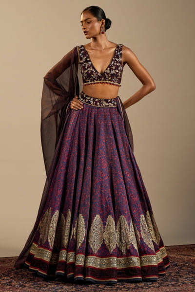 Blue and red block printed lehenga set
