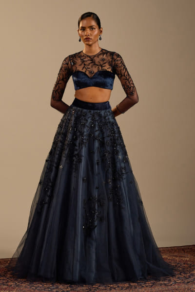 Blue floral embroidered lehenga set