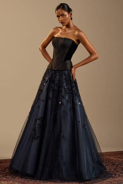 Blue embroidered tulle lehenga set