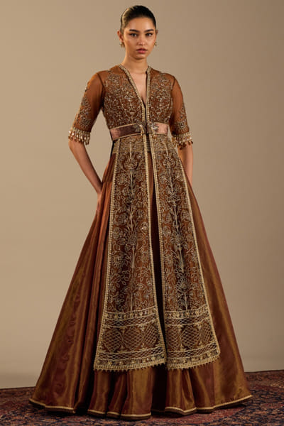 Brown embroidered jacket lehenga set