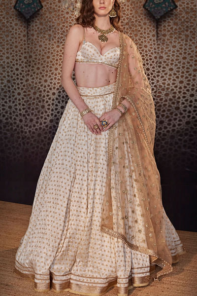 Ivory floral crinkled brocade lehenga set