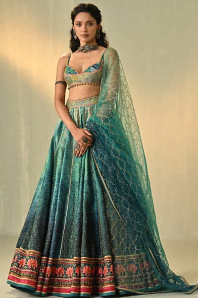 Sea green textured print lehenga set
