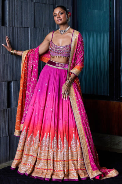 Cedar & Pine Pink-orange mirror embroidered lehenga set CEDAAUG26D153619