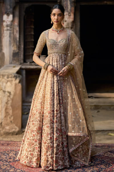 Beige floral printed anarkali and dupatta
