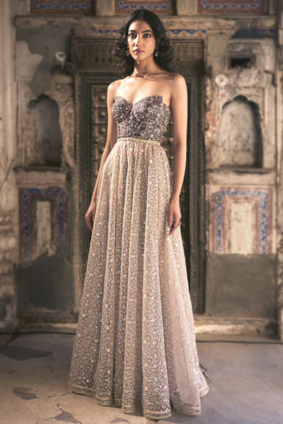 Taupe floral embroidered corset anarkali set