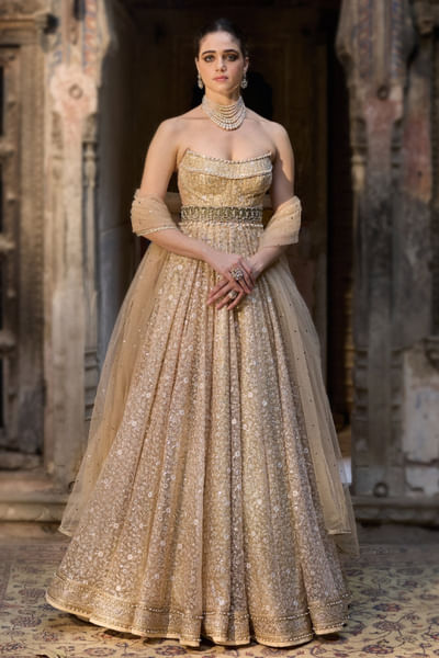 Cream floral embroidered corset anarkali set
