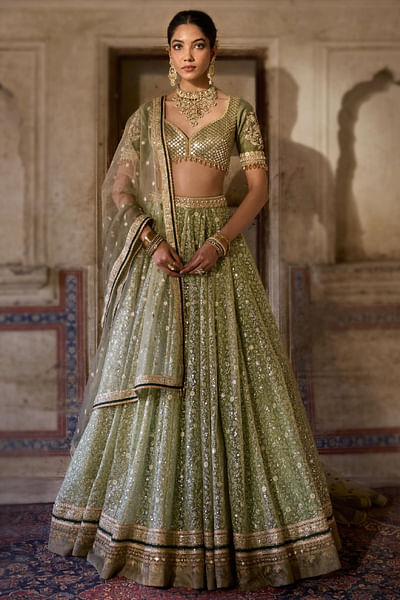 Green floral embroidered lehenga set