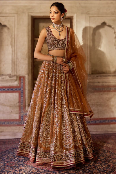 Golden brown floral embroidered lehenga set