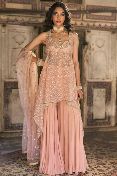 Pink floral embroidered high-low kurta set