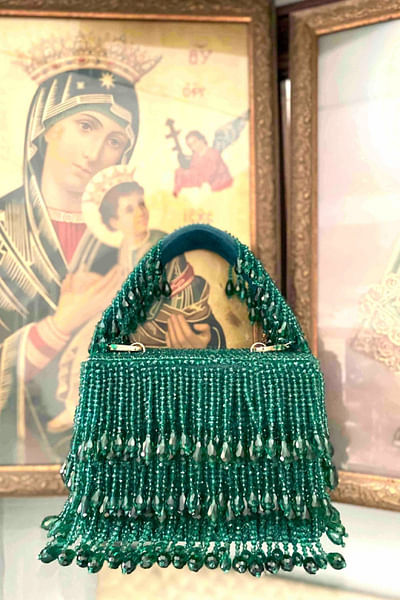 Green crystal tasselled rectangular clutch bag