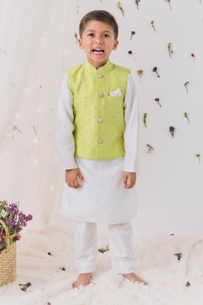 Green and ivory silk bandi kurta set