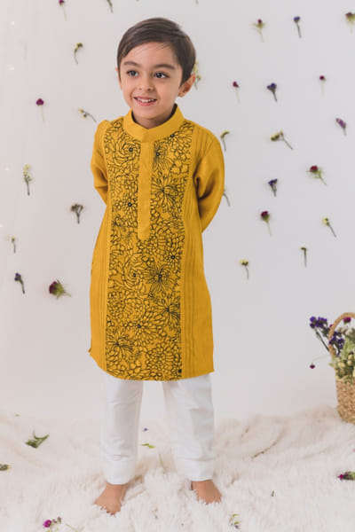 Mustard embroidered silk kurta set