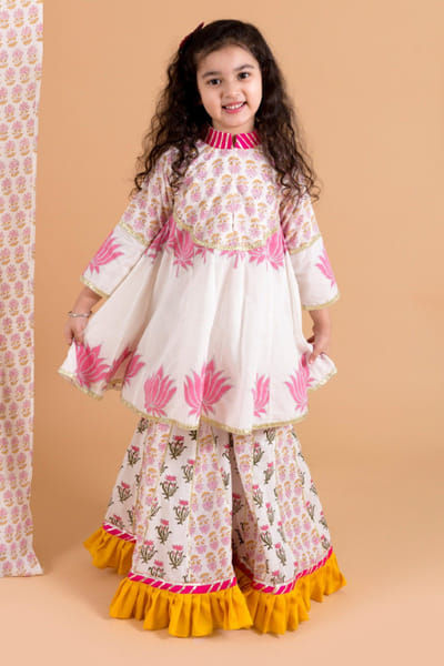 Chotibuti Off white lotis printed sharara set CHOTJUL26D148712