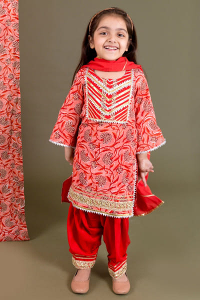 Chotibuti Rust block printed and embroidered kurta set CHOTJUL26D148715