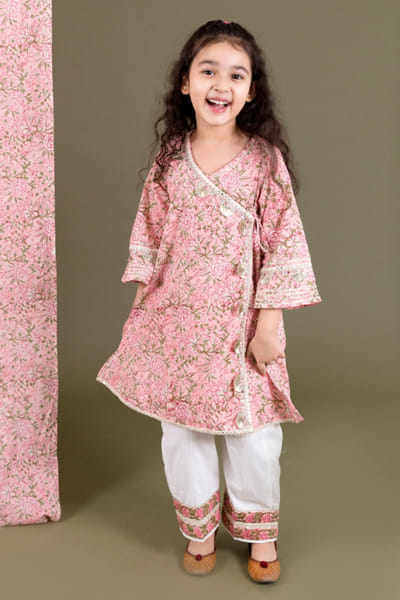 Chotibuti Pink and off white block printed kurta set CHOTJUL26D148716