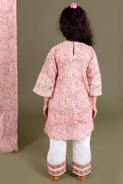 Chotibuti Pink and off white block printed kurta set CHOTJUL26D148716
