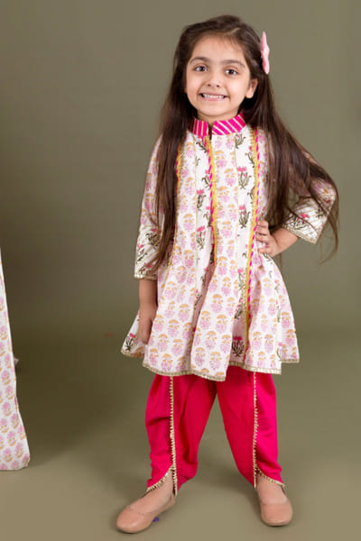Chotibuti Off white and fuchsia block printed kurta set CHOTJUL26D148717