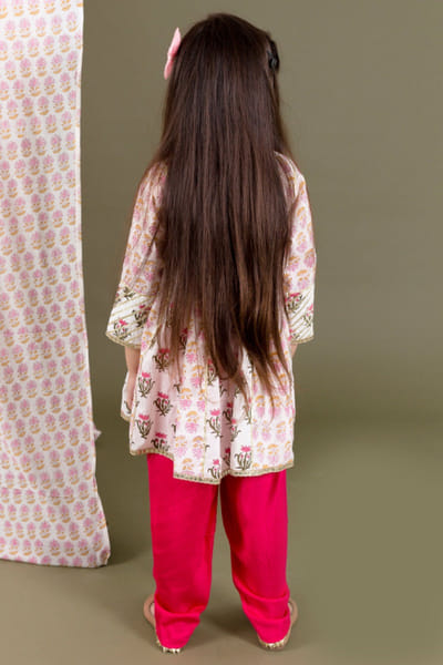 Chotibuti Off white and fuchsia block printed kurta set CHOTJUL26D148717