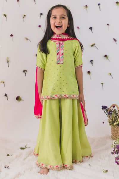 Parrot green embroidered sharara set