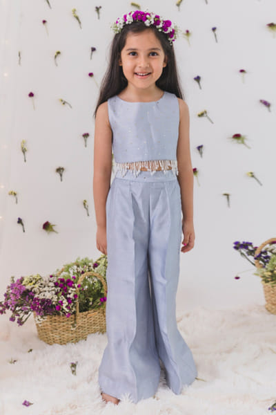 Steel grey silk top and pants