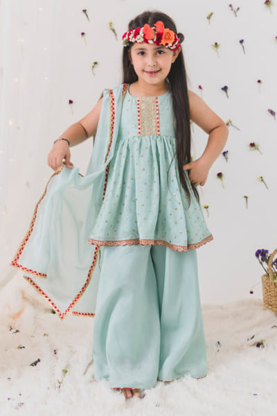 Sage green embroidered sharara set