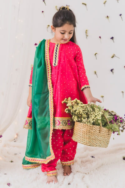 hot pink embroidered silk kurta set