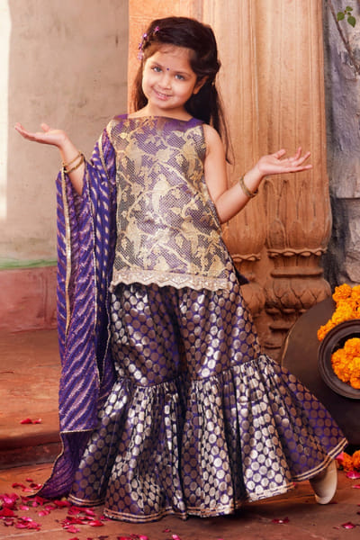 Chotibuti Purple brocade banarasi silk kurta-gharara set CHOTJUN26D147343