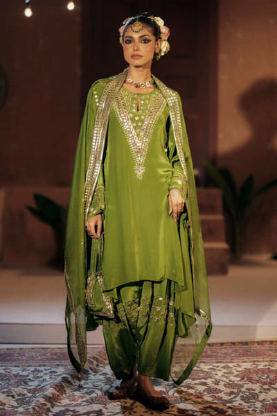 Mehendi green applique work choga set