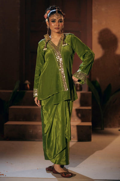 Mehendi green appliqué work jacket skirt set