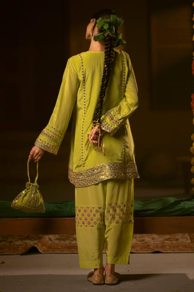 Green crepe silk embroidered potli bag