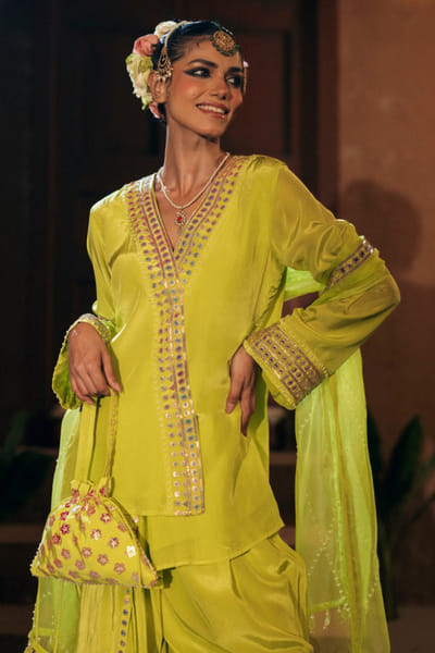 Green floral embroidered potli bag