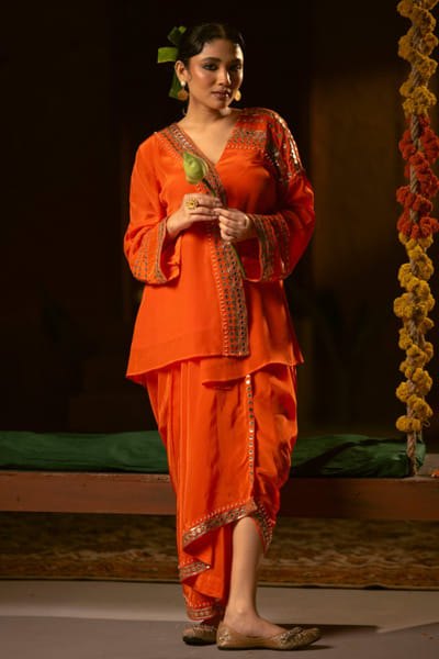 Orange appliqué work jacket skirt set