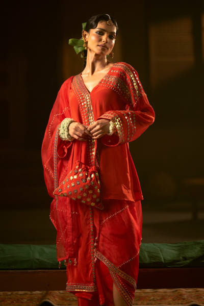 Red floral embroidered potli bag