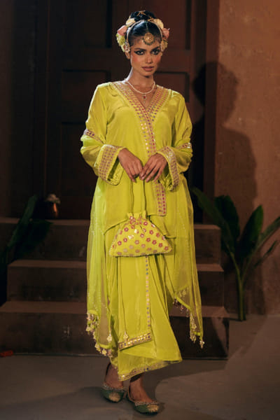 Neon appliqué embroidered jacket skirt set